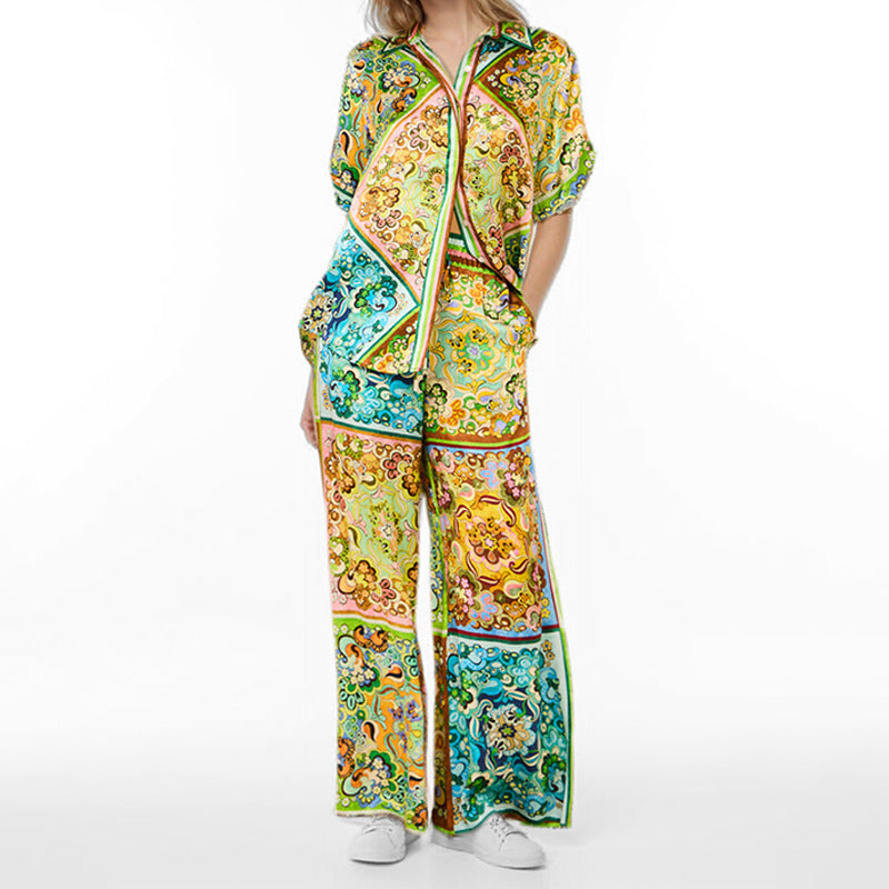 2025 cross-border Amazon women's clothing hot sale European and American AliExpress floral print lace-up short sleeve fashion suit women