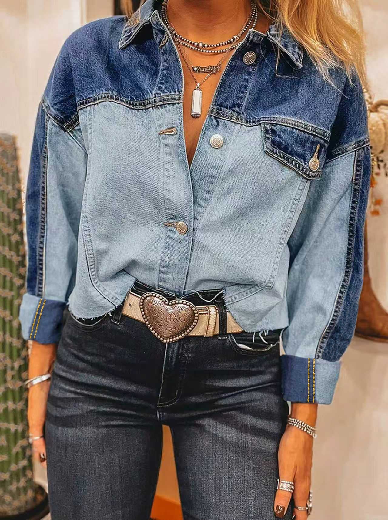 Cross-border foreign trade women's denim jacket color-blocked long sleeve button-down patchwork flap hem cropped denim jacket