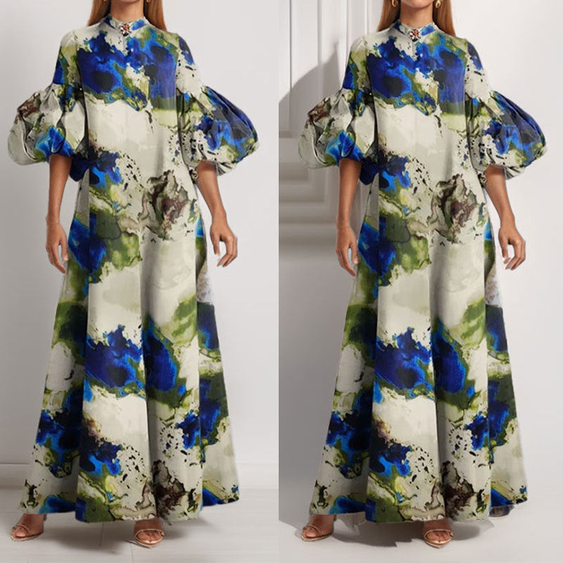 2026 spring new cross-border European and beautiful women's clothing elegant plant print puff sleeve dress for women