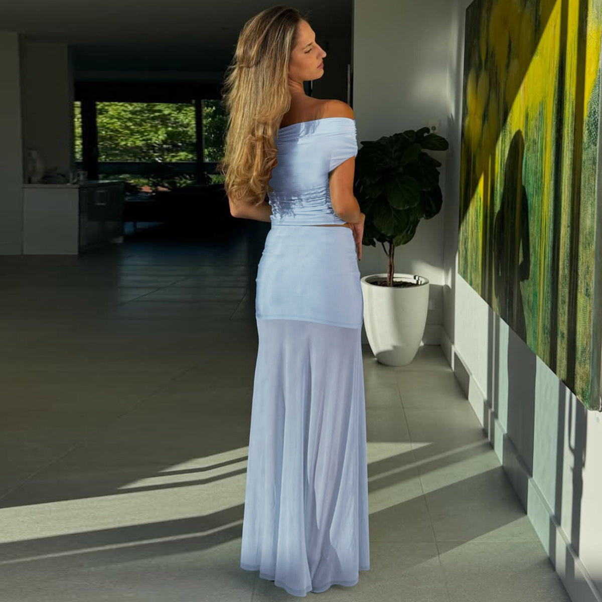 Cross-border Amazon summer new European and American women's clothing sexy one-shoulder top mesh spliced skirt two-piece set