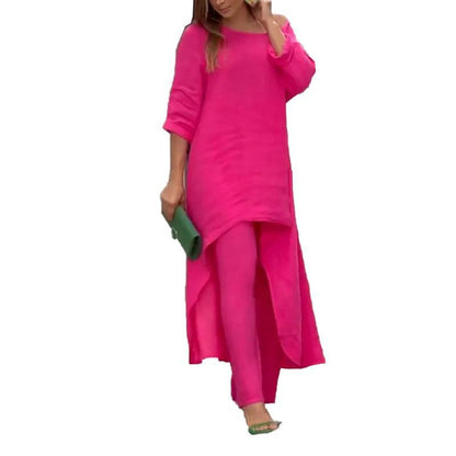 2026 spring new cross-border European and beautiful clothing temperament elegant and loose solid color fashion crew neck wide-leg pants two-piece set