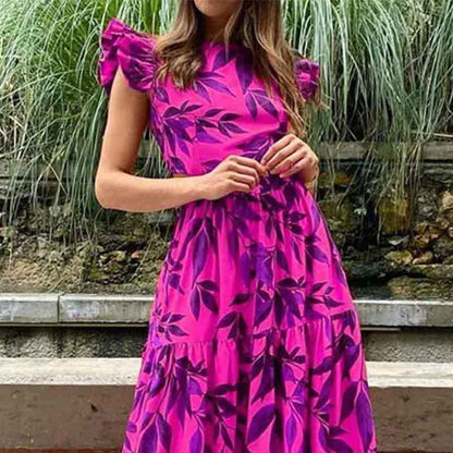 2025 Cross-border European and American Amazon Women's Printed Crew Neck Flying Sleeves Long Ruffled Swing Dress Dress