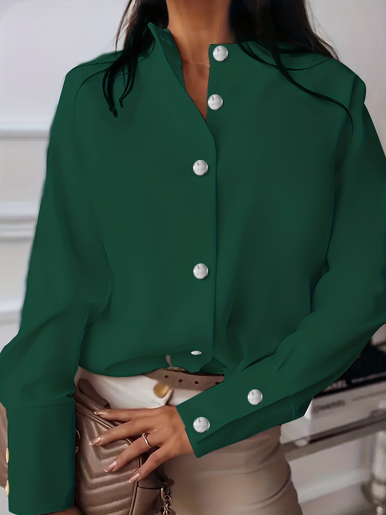Cross-border 2023 autumn speed, European and American foreign trade, solid color, metal buckle, small stand-up collar, long sleeve shirt, female commuter, OL commuting