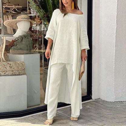 2026 New European Beauty Fashion Casual Solid Color Loose Irregular Long Sleeve Suit Wide-leg Pants Two-Piece Set 661