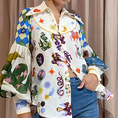 2026 spring new cross-border European and American fashion printed lapels single-breasted lantern sleeve shirt top women