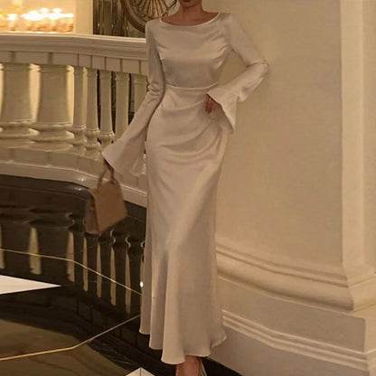 2025 European and American women's summer new cross-border elegant commuting solid color high waist long sleeve fashion dress women's 661