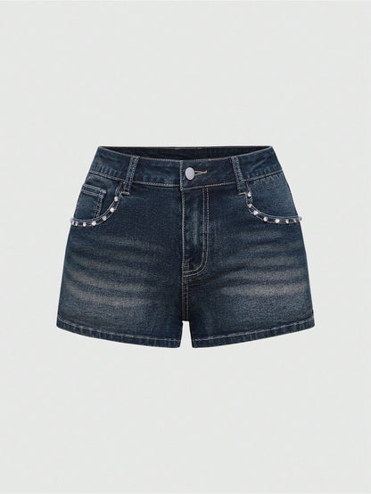 High-waisted slimming denim shorts, women's heavy industry embroidered nail beads, A-line hot girl style, new fashionable and versatile pants in summer