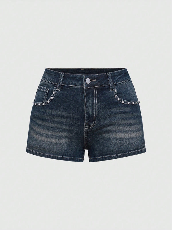 High-waisted slimming denim shorts, women's heavy industry embroidered nail beads, A-line hot girl style, new fashionable and versatile pants in summer