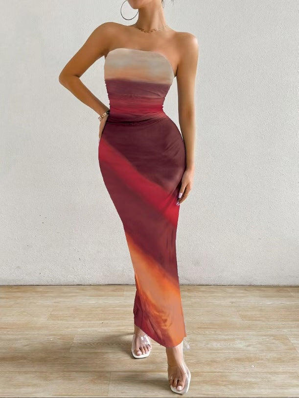 Spot cross-border 2024 European and American Amazon mesh gradient ruffles sexy skinny slit strap bandeau long skirt