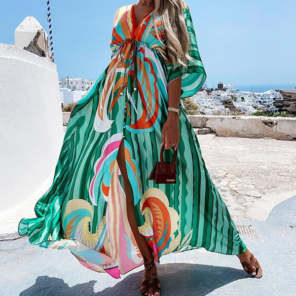 2026 foreign trade European and American wish spring new cross-border resort style V-neck slim print printed and dyed long dress