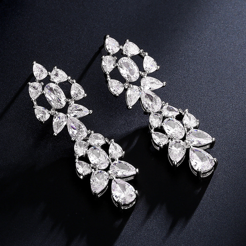 Foreign trade new waterdrop zircon stud earrings long tassel earrings, three-color full diamond earrings, niche design for women