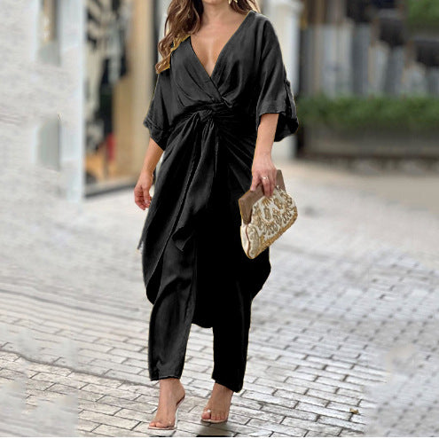 Conjunto de calças e blusa de corte direito em cor sólida, com mangas morcego, estilo europeu, novidade para a primavera de 2026.