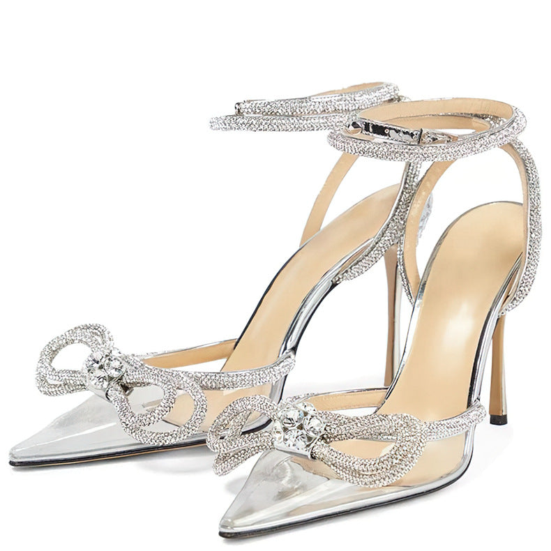 Transparent bow rhinestone high heel sandals pointed toe stiletto heels fashion European and American cross-border European and American style