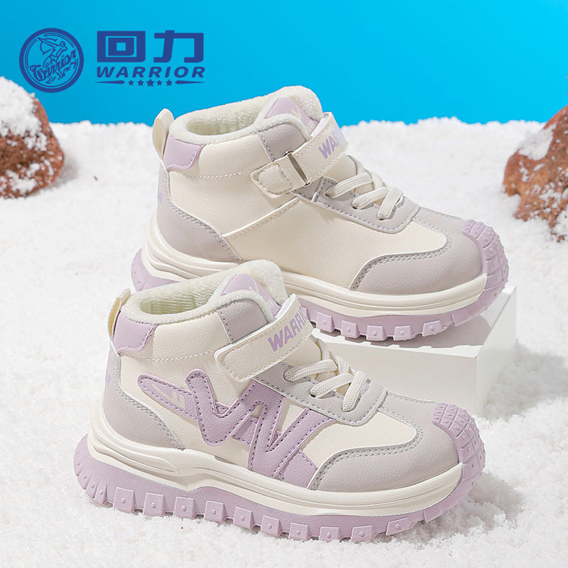 Huili fashion and versatile color-blocking two cotton shoes, children's Velcro, easy to put on and take off, casual sneakers, fleece warm shoes