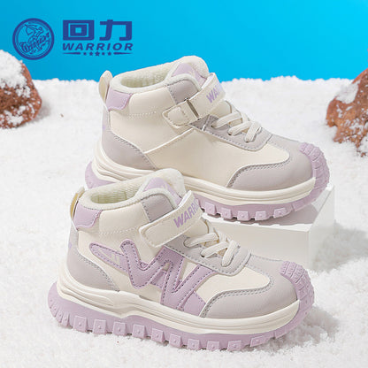 Huili fashion and versatile color-blocking two cotton shoes, children's Velcro, easy to put on and take off, casual sneakers, fleece warm shoes