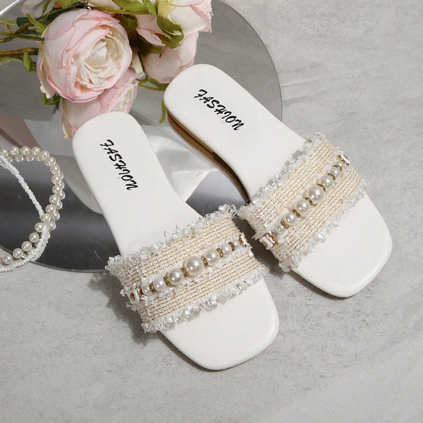 New cross-border women's shoes, fashionable slippers, pearl buckles, versatile solid color metallic decorative square-toe flat sandals
