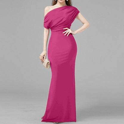 2025 Summer Amazon Cross-border European and American Fashion New Temperament Elegant and Fashionable Solid Color Hip Wrapping Slanted Shoulder Dress