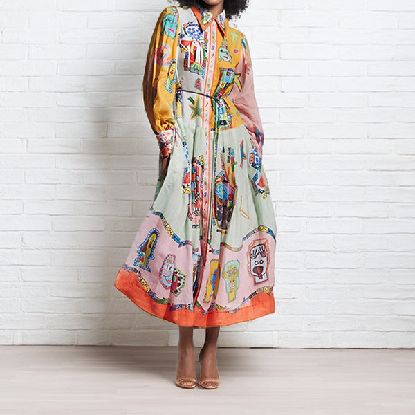 Cross-border Amazon 2026 AliExpress European and American clothing vintage printed lantern sleeves waist swing European and American dresses