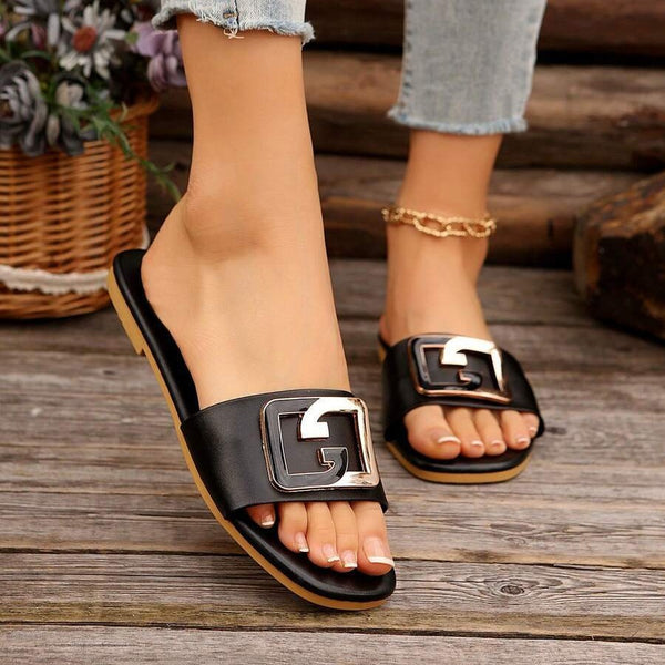 European and American cross-border women's slippers, classic elegant versatile solid color metallic decorative square-toe flat sandals