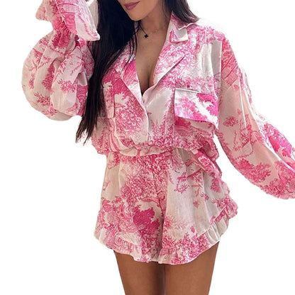 2025 Amazon cross-border European and beautiful women's clothing temperament elegant fashion printed flared sleeves long sleeve top shorts suit