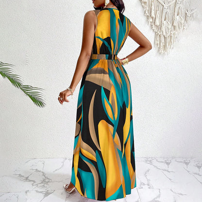 Amazon 2025 European and American spring new women's clothing cross-border hot sale fashion temperament print waist slim dress