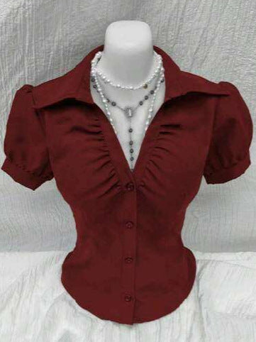 Europe and the United States 2025 Amazon wish cross-border new fashion V-neck pleated open-breasted women's slim short-sleeved shirt