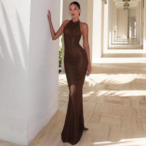 Cross-border European and American style summer new women's halterneck sleeveless slim long skirt women's solid color temperament elegant dress