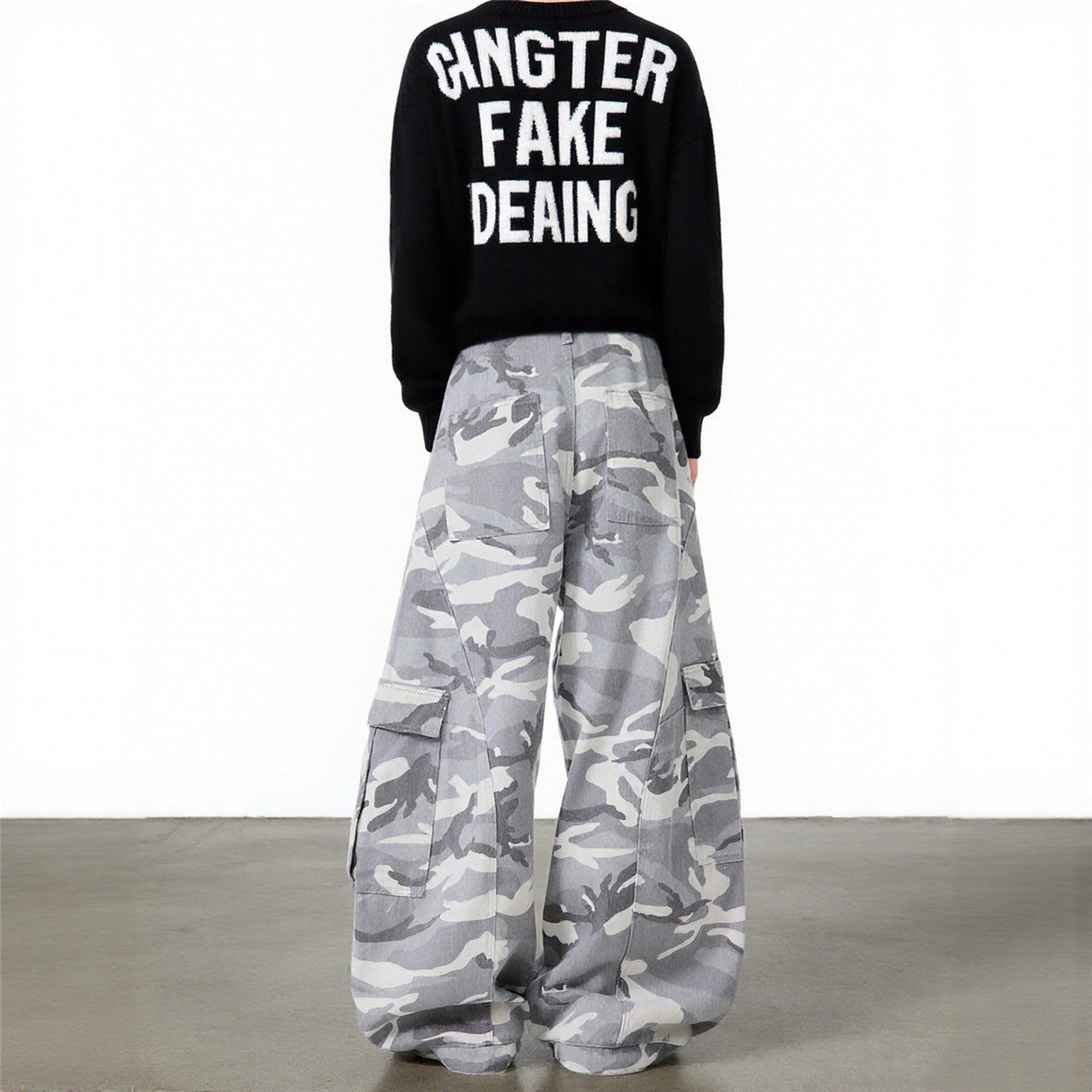 Neutral autumn and winter high street gray and white camouflage pants, plus size cargo pants, women's trendy brand loose and versatile straight wide-leg scimitar pants