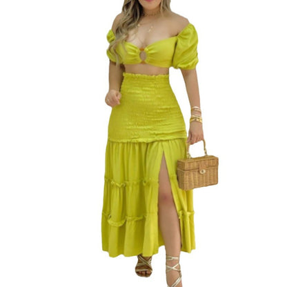 2026 Spring New Cross-border European and American Clothing Sexy Printed Bandeau Vest High Waist Slit Skirt Set 661