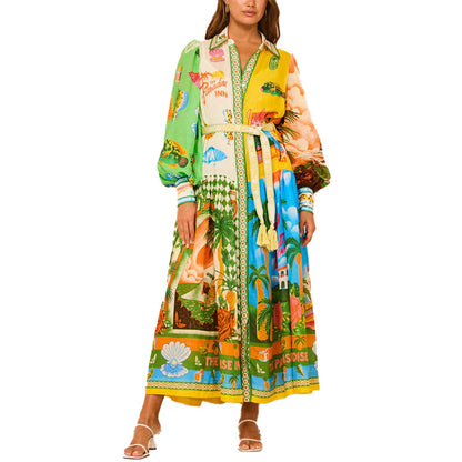 2026 independent station wishEuropean and beautiful clothing temperament printed lantern sleeves belt shirt large swing European and American dress women