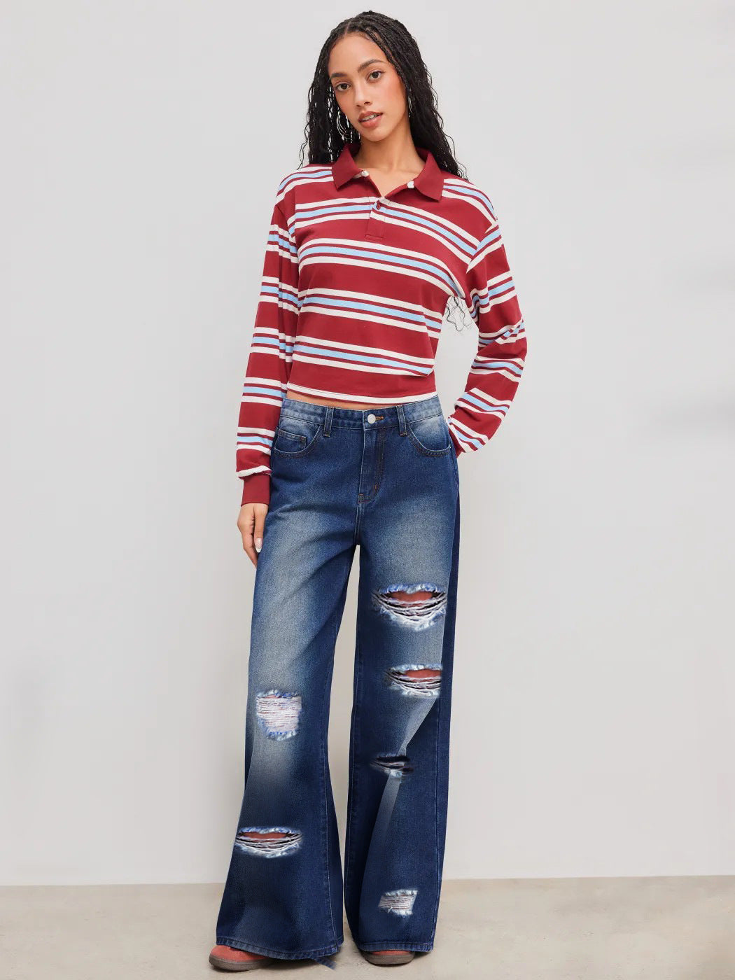 European and American cross-border foreign trade ripped jeans washed high waist straight leg versatile loose denim trousers women JEANS
