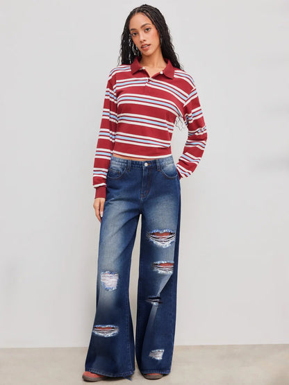 European and American cross-border foreign trade ripped jeans washed high waist straight leg versatile loose denim trousers women JEANS