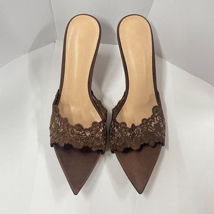 WO Huizhou 2026 Summer High Heels Light Luxury High-End Lace Pointed Toe Thin Heel Slippers European and American Fashion Temperament