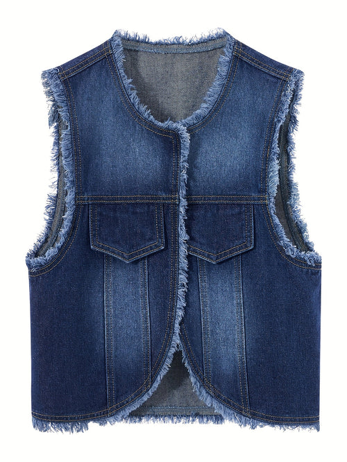 Denim Vest Women's New Elegant Fringed Raw Edge Short Sleeveless Vest Jacket Women's Top