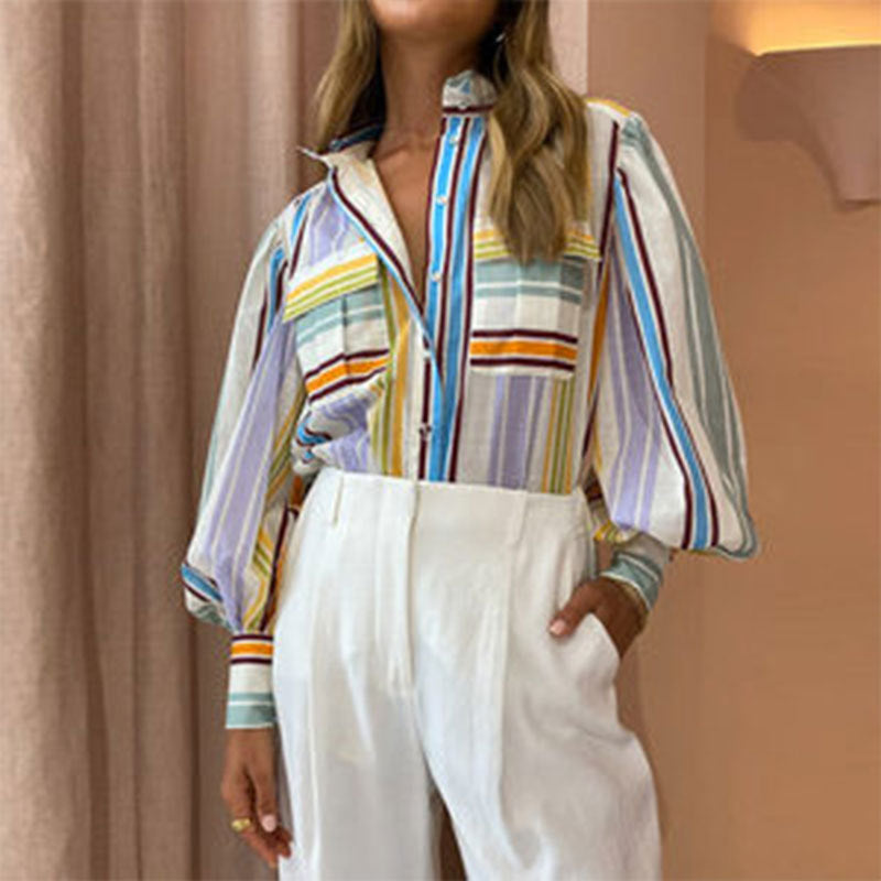 Camisa casual de manga comprida com estampado, elegante e moderna, com lapela, nova coleção primavera 2026, inspirada na moda europeia e nos estilos transfronteiriços.