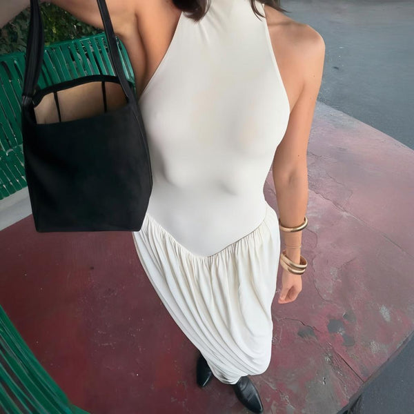Cross-border wholesale European and American women's clothing new temperament solid color crew neck sleeveless slim slit pleated dress for women