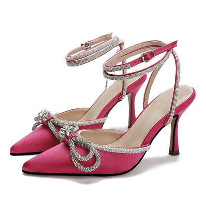 Summer toe-toed back air high heel sandals bow rhinestone high heels female European and American design niche high heel slippers