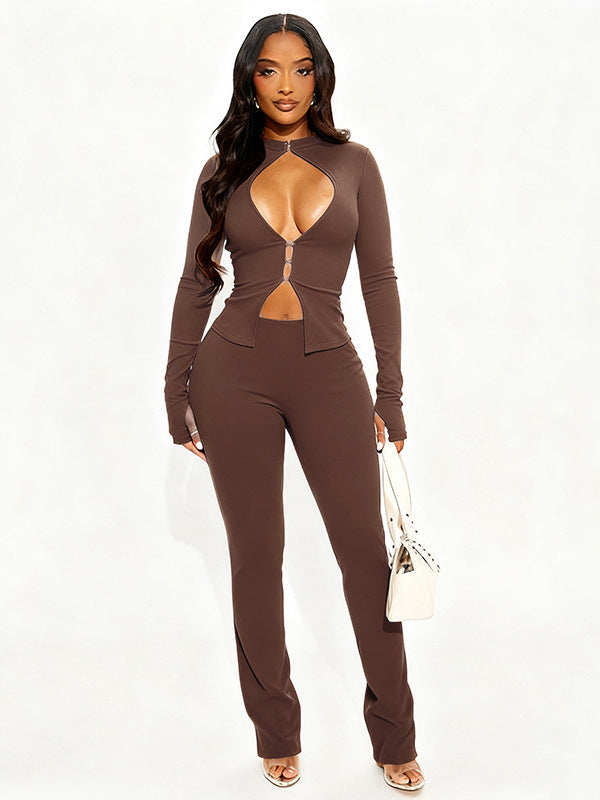 European and American cross-border autumn new women's clothing sexy hot girl cut-out hook top zipper tight trousers solid color suit