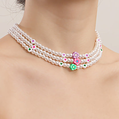 European and American cross-border jewelry, ins style, soft pottery, flowers, colorful love, imitation pearl necklaces, women's niche design, light luxury