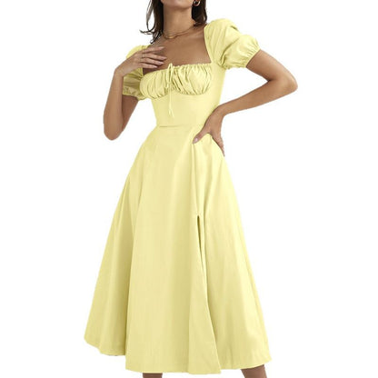 2025 Cross Border Europe and America Spring Summer French Long Skirt Amazon Women's Commuter Puff Sleeve Lace-up Slit Dress Women