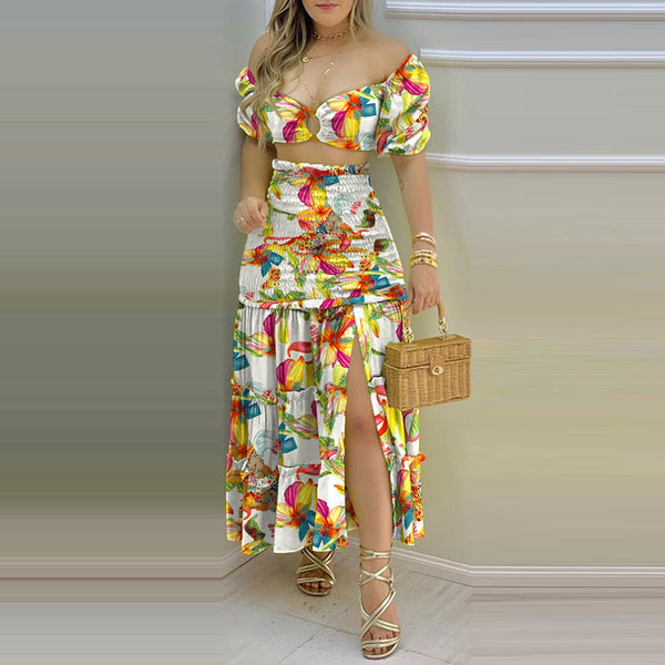 2026 Spring New Cross-border European and American Clothing Sexy Printed Bandeau Vest High Waist Slit Skirt Set 661