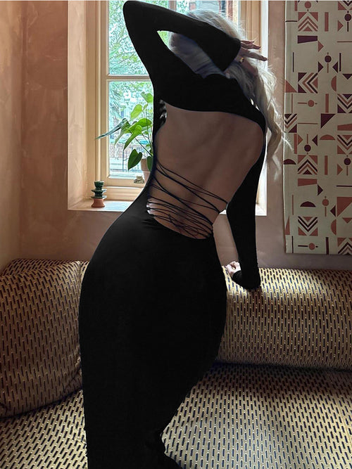 Foreign trade Europe and the United States autumn and winter new women's fashion solid color high neck long sleeve sexy open back lace-up hip wrap dress for women