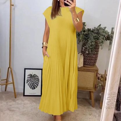 2025 New Amazon Autumn Cross-border European and American Clothing Elegant and fashionable crew neck sleeveless pleated maxi dress