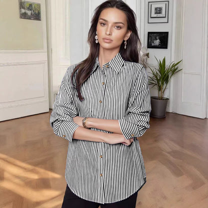 Women's vertical striped shirt, loose lapel-collar long-sleeve shirt, casual commuting versatile striped shirt