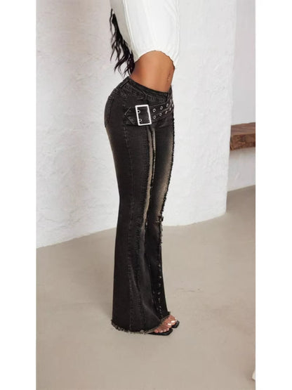 Cross-border AliExpress foreign trade model new women's low-rise flared pants with sun buckle raw hem women's jeans