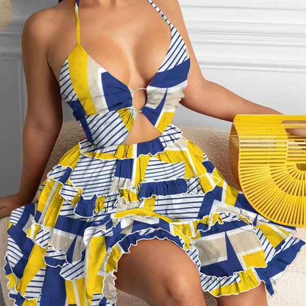 European and American women's clothing foreign trade 2026 Amazon cut-out strap V-neck temperament halter print suspender European and American dress