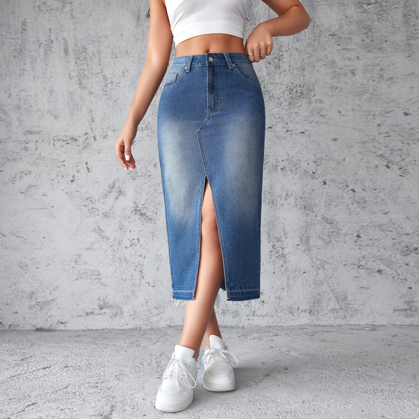 Spot factory direct sales Europe and the United States cross-border blue denim skirt skirt women's slit hip A-line skirt slim long skirt - view 2 | Ciaura