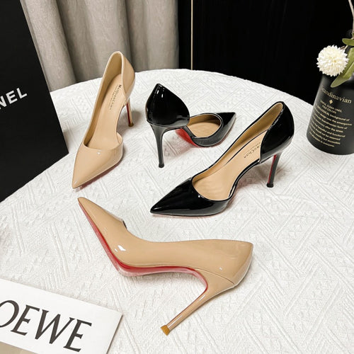 2026 European and American pointed toe stiletto heel side air high heels women's patent leather microfiber inner rubber sole shallow women's shoes super high heels