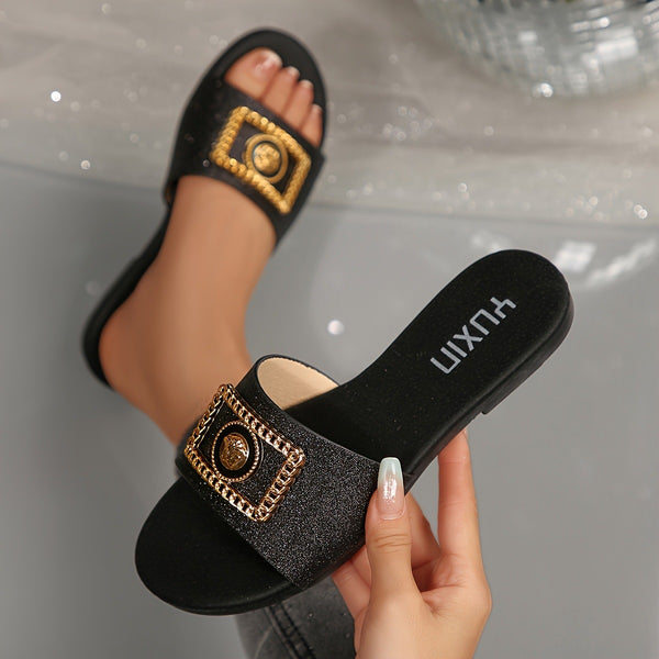Cross-border women's shoes wholesale new fashion slippers classic temperament versatile solid color metal decoration round toe flat sandals