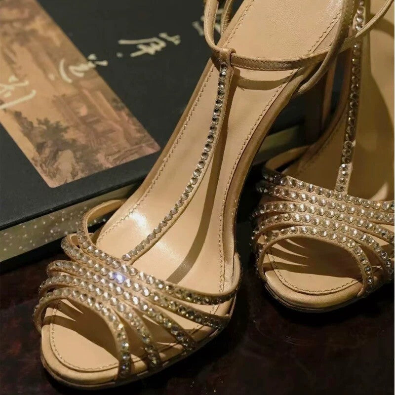 Congyuan 2026 summer round toe comfortable strappy high heels temperament rhinestone women's shoes banquet sandals Li Congyuan high heels